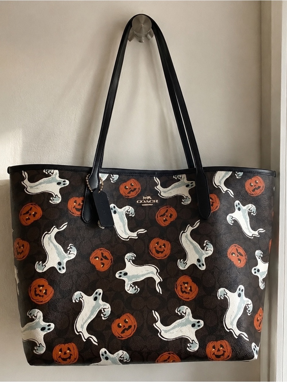 Coach Brown Signature Tote with White Ghosts & Orange Pumpkins